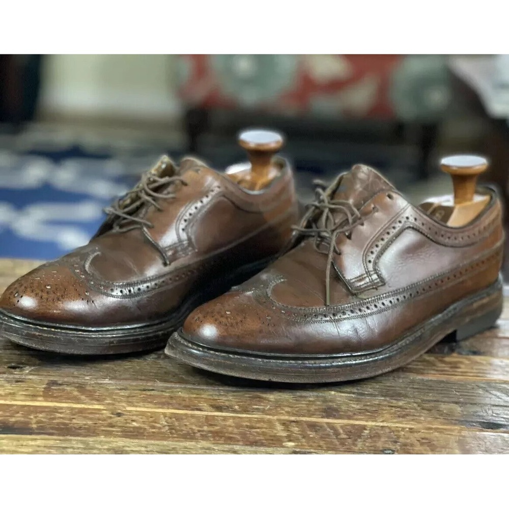 Vtg Florsheim Kenmoor Imperial Shoes Men 7.5 E Brown Long Wingtips Brogue Patina